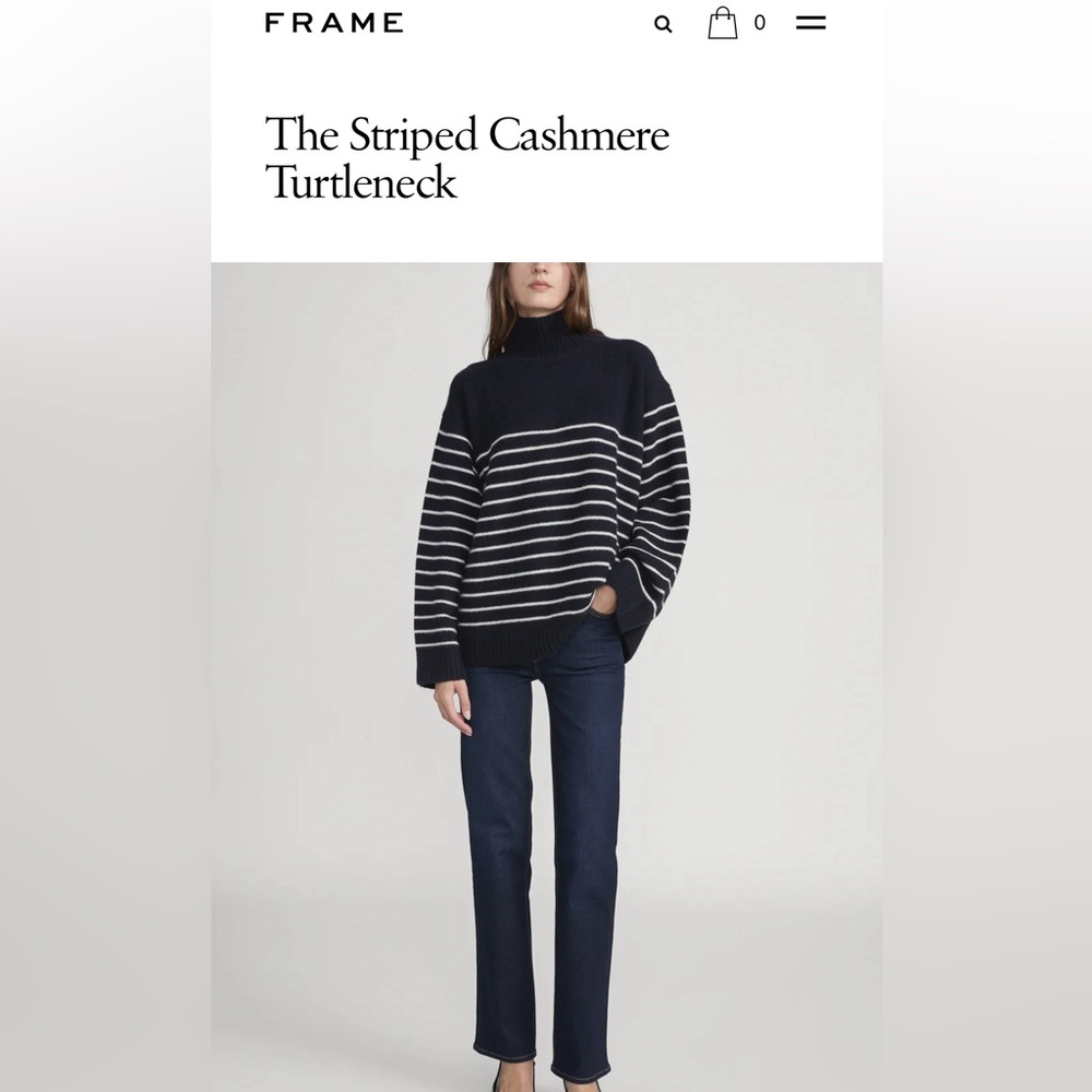 Frame Striped Cashmere Turtleneck Sweater - Navy and White
